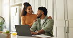 Laptop, support and research with couple in kitchen for bills, home loan and financial planning. Online banking, happy and budget review with man and woman reading in house for application together