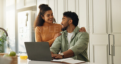 Buy stock photo Laptop, support and research with couple in kitchen for bills, home loan and financial planning. Online banking, happy and budget review with man and woman reading in house for application together