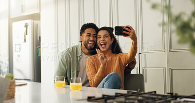 Buy stock photo Bonding, couple or selfie in house, peace sign or affection for memory on social media or laughing. Happy, man and profile picture with woman in home, smile and photography in apartment or connection