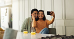 Happy, couple and selfie in kitchen, love or bonding with affection in home, online or social media. People, smile and profile picture for post on website, commitment and romance for photography