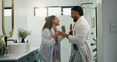 Buy stock photo Signing, love and brush with couple in bathroom for morning routine, bonding and anniversary celebration. Happiness, support and karaoke with man and woman in home for dancing, music and self care