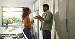 Argument, conflict and disagreement with couple in kitchen of home for blame, fault or resolution. Angry, fight and stress with unhappy people in apartment for discussion, frustration or mistake