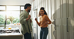 Love, happy couple and dance in kitchen for celebration, anniversary and romance. Energy, man and woman with music in home for freedom, bonding together and moving to radio for healthy relationship