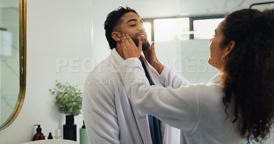 Buy stock photo Skincare, cream and love with couple in bathroom for beauty, morning routine and diy spa. Facial treatment, self care and cosmetics with man and woman in home for collagen, dermatology and lotion