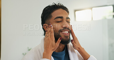 Buy stock photo Skincare, cream and relax with couple in bathroom for beauty, morning routine and diy spa. Facial treatment, self care and cosmetics with man and woman in home for collagen, dermatology and lotion