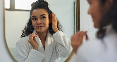 Buy stock photo Beauty, reflection and mirror with woman in bathroom for morning routine, makeup and grooming. Self care, cosmetics and foundation glow with person in home for cosmetology, shine and hygiene