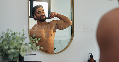 Buy stock photo Flex, muscle and mirror with man in bathroom for morning routine, workout transformation and health. Self care, bodybuilder pride and wellness with reflection of person in home for body and progress