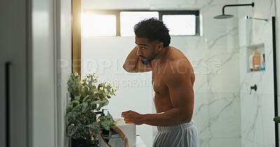 Buy stock photo Grooming, man and self care in bathroom, mirror or morning routine in home, shirtless or inspection. Checking, appearance and person with process for hygiene, bodycare and getting ready in house