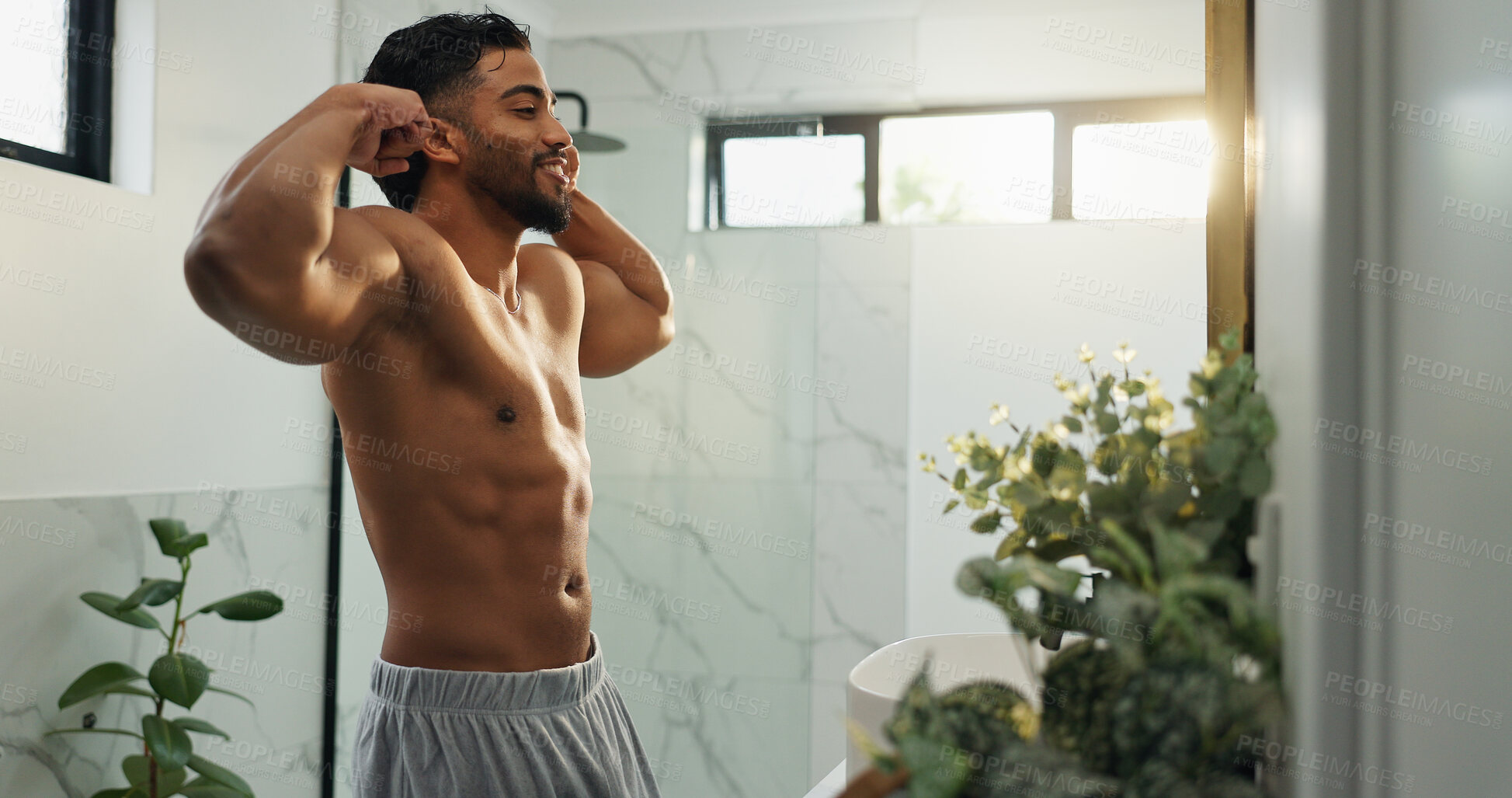 Buy stock photo Flex, smile and mirror with man in bathroom for morning routine, workout transformation and health. Self care, bodybuilder pride and wellness with topless person in home for body and muscle progress