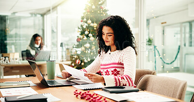 Buy stock photo Woman, documents and review at Christmas in office with cold hands, winter and festive sweater at workplace. Person, PC and reading with charts, stats and feedback with xmas jersey at insurance job