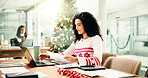 Woman, paperwork and laptop at Christmas in office with review, data and festive sweater at workplace. Person, computer and documents with charts, stats and feedback with xmas jersey at insurance job
