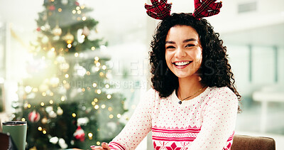 Buy stock photo Christmas, portrait and happy businesswoman in office, pride and confident news reporter. Xmas, professional worker and smile at startup with creative journalist, festive season and bokeh in Brazil