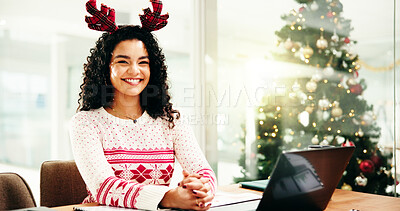Buy stock photo Woman, smile and laptop at Christmas in office with portrait, pride or festive sweater at company. Person, computer and writer with reindeer hat, happy and xmas jersey at creative agency in Colombia