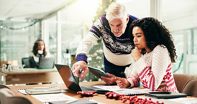 Buy stock photo Christmas, laptop and business people in office, help and tablet with collaboration, feedback or advice. Employees, tech or consultant in workplace, Xmas or conversation with company website or email