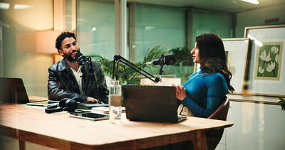 Buy stock photo Podcast, talking and man with woman in studio with guest for interview, discussion and conversation. Content creation, hosting and people with mic for recording radio show, broadcast and live stream