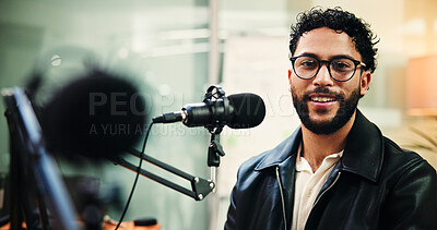 Buy stock photo Microphone, podcast and portrait of man in recording studio for live streaming or radio broadcast. Content creation, glasses and smile with influencer person on air for journalism, media or talk show