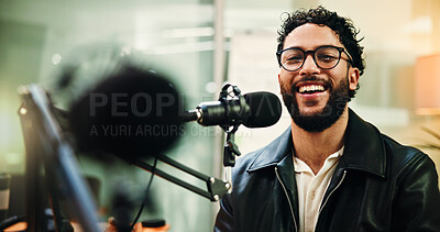 Buy stock photo Mic, laughing and man in studio for podcast, recording broadcast and talking for radio show. Media agency, content creation and person with equipment for conversation, host and chat on live stream