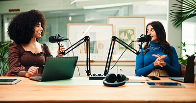 Buy stock photo Podcast, talking and women in studio with guest for interview, discussion and conversation. Content creation, hosting and happy people with mic for recording radio show, broadcast and subscription