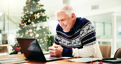 Buy stock photo Mature man, laptop and Christmas at office with smile for review, proposal or festive sweater at company. Person, computer and happy in xmas jersey for results, feedback or project at creative agency