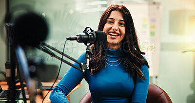 Buy stock photo Mic, portrait and woman in studio for podcast, record broadcast and interview for radio show. Media agency, content creation and person with equipment for conversation, host and chat on live stream