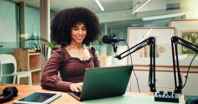 Buy stock photo Internet, influencer and woman with laptop, smile and live streaming with research for talk show. Happy, content creation and person with tech, connection and editing video with email or journalist