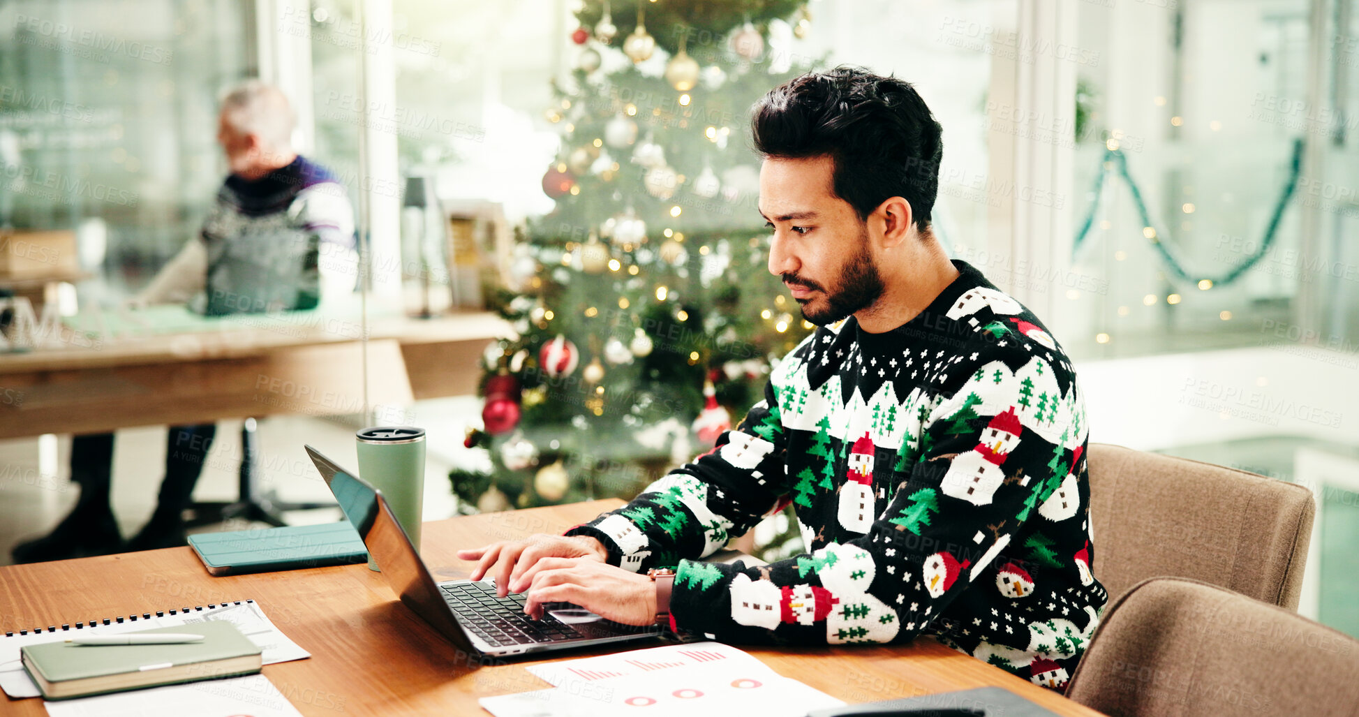 Buy stock photo Christmas, office and business man on laptop typing report, finance proposal and finish project for holiday. December, corporate or person on computer for year end payroll, financial review or budget