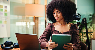 Buy stock photo Home, podcast and woman with laptop, tablet and internet with research for talk show. Apartment, content creation and person with technology, connection and email with episode information and mic
