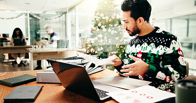 Buy stock photo Xmas, business and man in office, documents and deadline for budget report, confused and checklist. Christmas, person and employee with paperwork, festive and revenue with finance agency and search