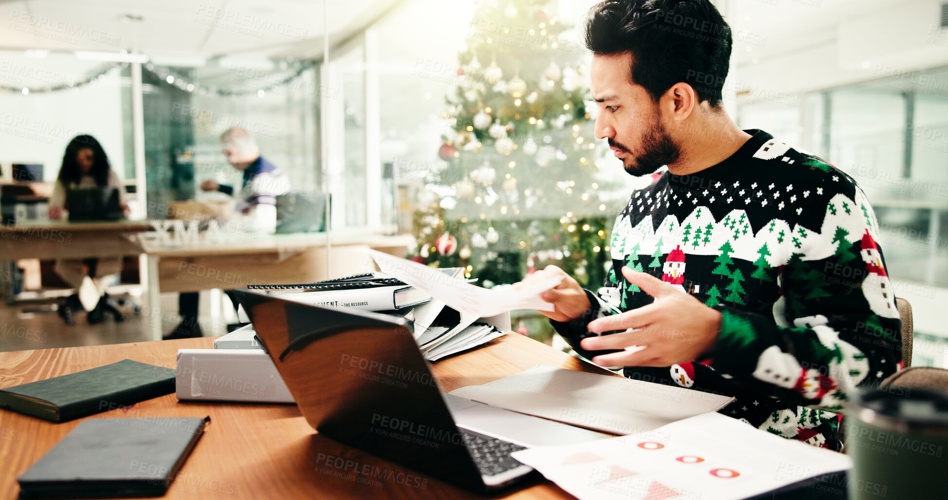 Buy stock photo Xmas, business and man in office, documents and deadline for budget report, confused and checklist. Christmas, person and employee with paperwork, festive and revenue with finance agency and search