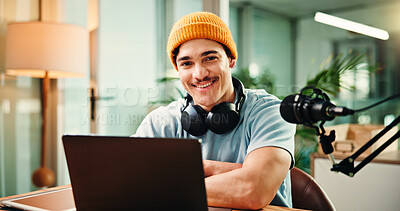 Buy stock photo Studio, laptop and portrait of man with mic for broadcast, talk show and host interview. Influencer, content creation and person on digital tech with online questions for podcast, script and notes
