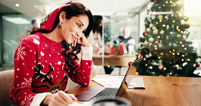 Buy stock photo Christmas, business and happy woman on laptop in office for finance report, proposal and company profit. December, professional and person on computer for payroll bonus, financial review and budget