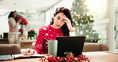 Buy stock photo Office, stress and woman with laptop, Christmas and pressure of holiday campaign on website and app. Anxious, marketing manager and mature person with burnout in festive season, tech or data analysis