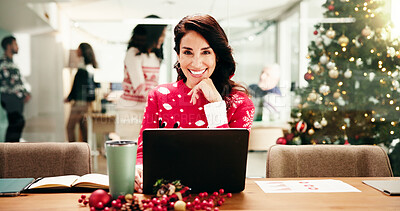 Buy stock photo Portrait, employee and woman with laptop, Christmas and smile for work on festive season and office. Happy, marketing manager and mature person with Xmas sweater, pride or decor for December holiday