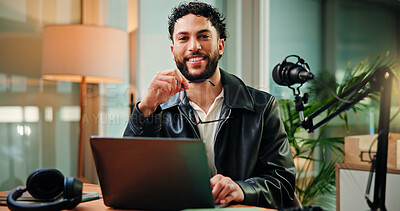 Buy stock photo Happy, laptop and portrait of man with mic for broadcast, talk show and host interview. Night, content creation and influencer on computer with online questions for podcast, script and digital notes
