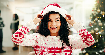 Buy stock photo Christmas, business woman and santa hat in office for holiday celebration, party event and happy. Creative agency, employee and smile with accessory at workplace for festive aesthetic and xmas season