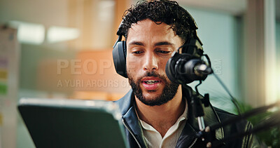 Buy stock photo Talking, influencer and man with mic, tablet or reading script for episode, content creation or app. Live streaming, podcaster and person with tech for entertainment, online and host with headphones