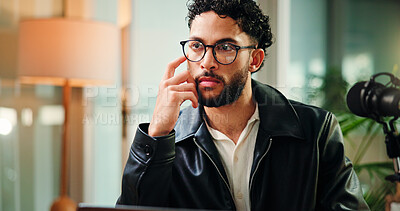 Buy stock photo Microphone, podcast and thinking with man in recording studio for live streaming or radio broadcast. Ideas, journalism and laptop with influencer person on air for content creation or talk show