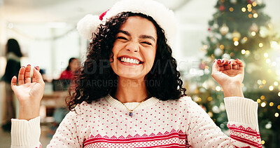 Buy stock photo Excited, Christmas and portrait of woman in office with corporate festive season, party or event. Happy, xmas celebration and female financial advisor with positive attitude for holiday in workplace.