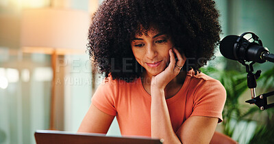 Buy stock photo Home, podcast and woman with laptop, live streaming and internet with research for talk show. Connection, content creation and person with tech, broadcast and email with journalist and news report