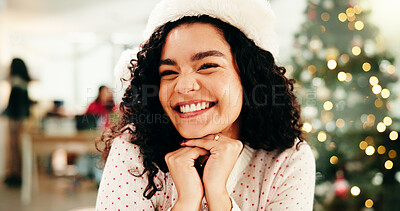 Buy stock photo Smile, christmas and portrait of woman in office with corporate festive season, party or event. Happy, xmas celebration and finance advisor with positive attitude for holiday in workplace with bokeh.