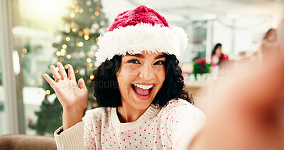 Buy stock photo Selfie, Christmas and portrait of woman in office with corporate festive season, party or event. Happy, xmas celebration and female employee with photography picture POV for holiday in workplace.