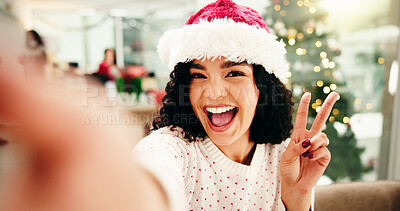 Buy stock photo Selfie, peace sign and portrait of woman with Christmas in office with corporate festive season or party. Happy, xmas celebration and female employee with photography picture for POV in workplace