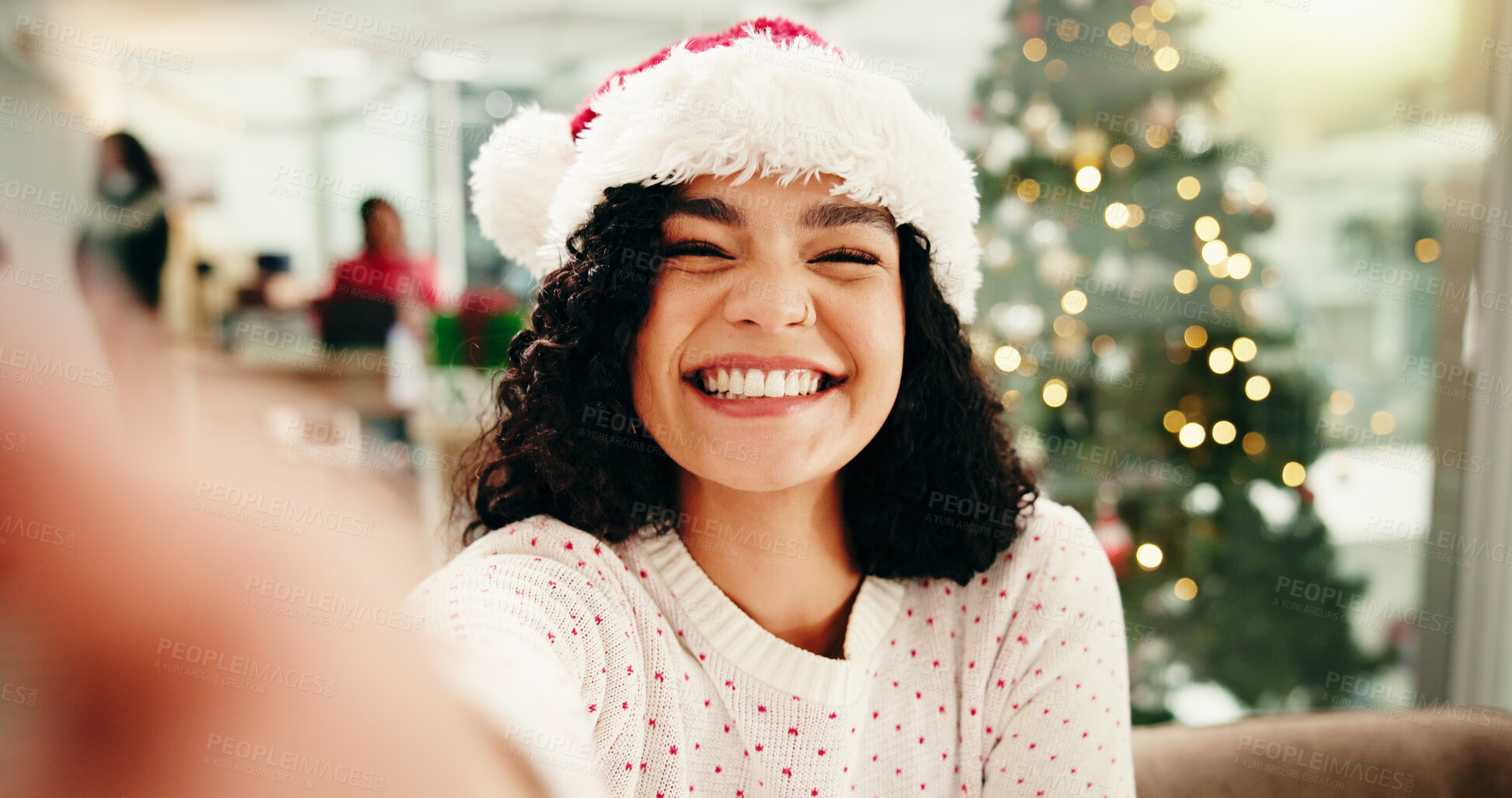 Buy stock photo Happy, Christmas and portrait of woman with selfie in office with corporate festive season or party. Smile, xmas celebration and female employee with photography POV for holiday in workplace.