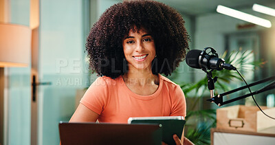 Buy stock photo Happy, tablet and portrait of woman with mic for broadcast, talk show and host interview. Influencer, content creation and person on digital tech with online questions for podcast, script or notes
