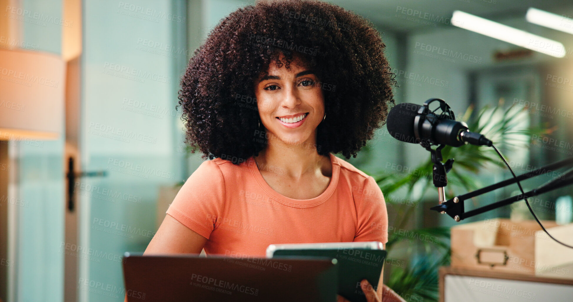 Buy stock photo Happy, tablet and portrait of woman with mic for broadcast, talk show and host interview. Influencer, content creation and person on digital tech with online questions for podcast, script or notes