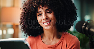 Buy stock photo Podcast, tablet and portrait of woman with mic for broadcast, talk show and host interview. Influencer, content creation and person on digital tech with online questions for radio, script or notes