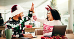 Christmas, business people and team high five for celebration, excited or financial success. Xmas, cooperation or hands together in office for festive achievement, holiday reward or investment growth
