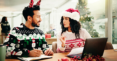 Buy stock photo Christmas, team and business people in office for discussion, brainstorming or finance report. Laptop, collaboration and planning with paperwork for investment proposal, notes and solution on xmas