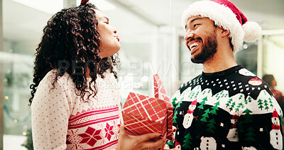 Buy stock photo Christmas, box and happy business people in office for holiday, tradition and celebration. Professional, friends and man with woman for gift giving with gratitude, festive season and xmas party