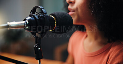 Buy stock photo Mic, talking and woman in studio for podcast, recording broadcast and interview for radio show. Media agency, content creation and person with equipment for conversation, host and chat on live stream